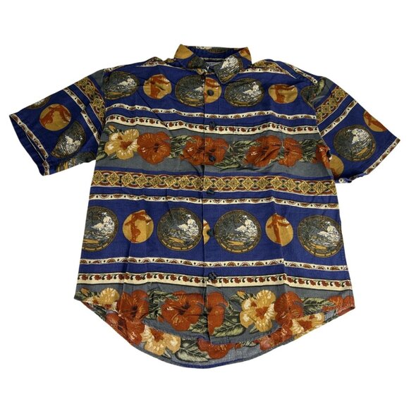 Forum Floral Hawaiian Button Up Shirt Top Men L Blue Orange Yellow Short Sleeve - Picture 1 of 4